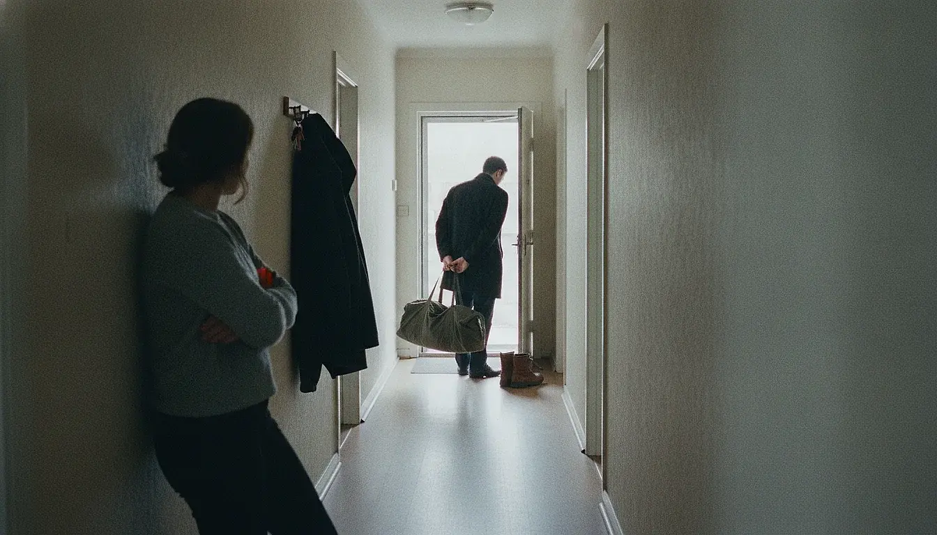 A hallway seen past a woman standing against the near wall with her arms folded; further down, a man with a duffel bag stands in the open front door.