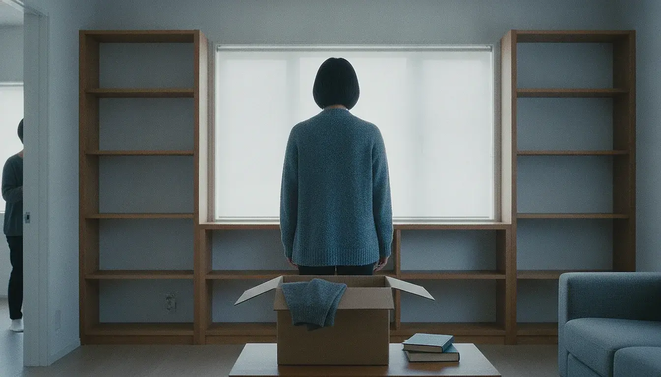 A woman standing alone in a living room beside a half-emptied bookshelf, a cardboard box of belongings on the table in front of her.