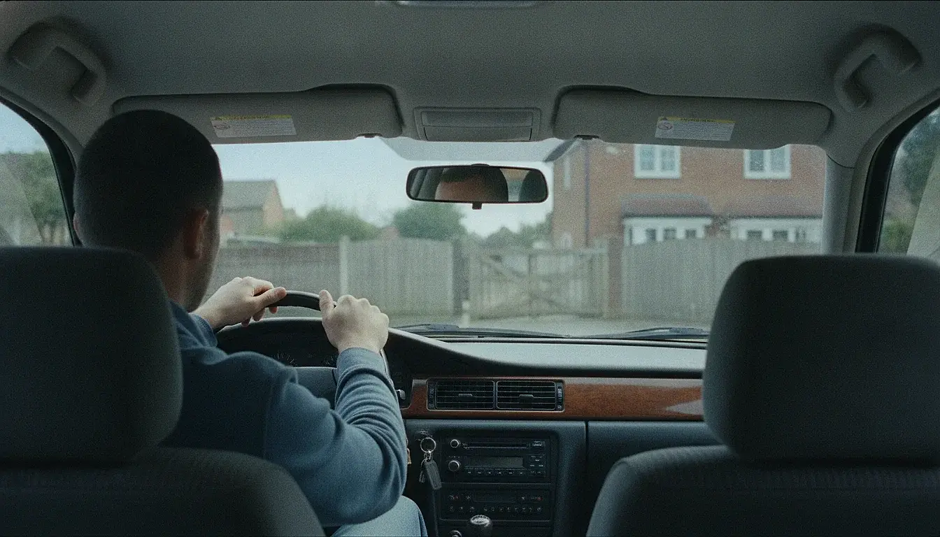A man sitting in a parked car in daylight, hands resting on the wheel, a house with a familiar gate visible further down the street through the windscreen.
