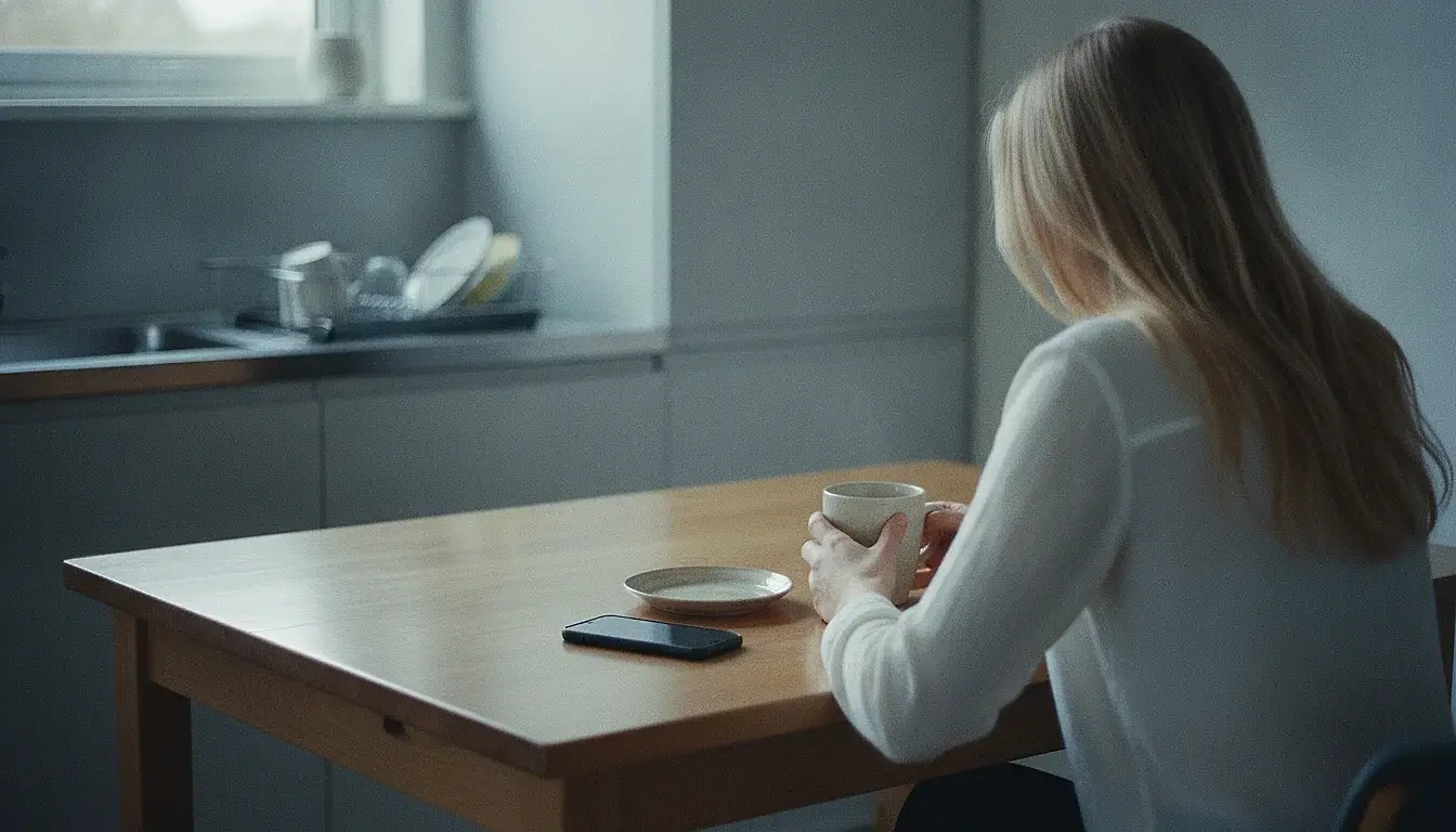 A woman sitting at a kitchen table with her phone face-down under her hand, one washed mug turned upside down on the rack behind her.
