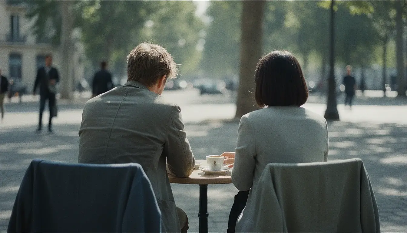 Two people at an outdoor café terrace in warm daylight, leaning toward each other over small cups, jackets over chair backs.