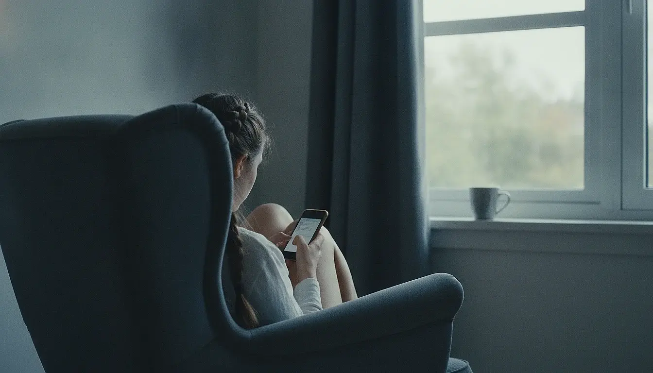 A woman curled in an armchair by a window, holding her phone close with both thumbs poised, the screen turned away from the camera.
