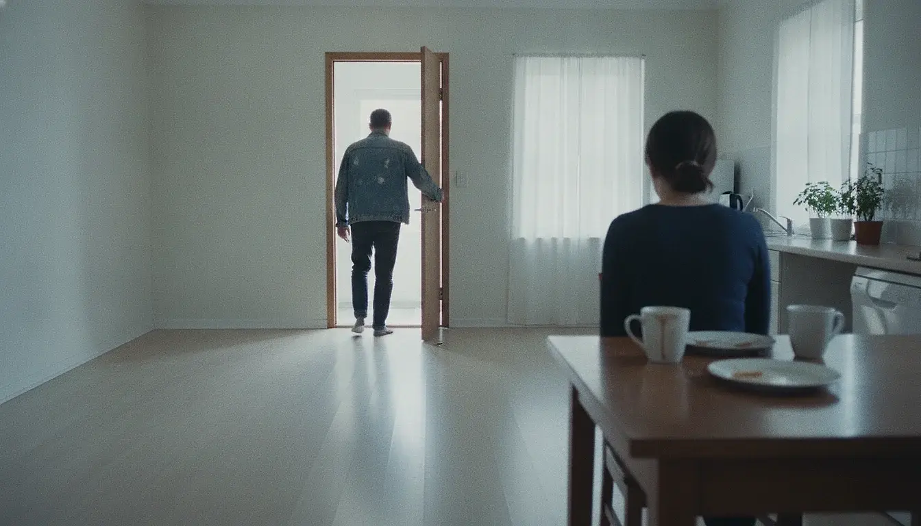 A man standing in a kitchen doorway with his coat already on, one hand on the door frame, while a woman stays seated at the table further into the room.