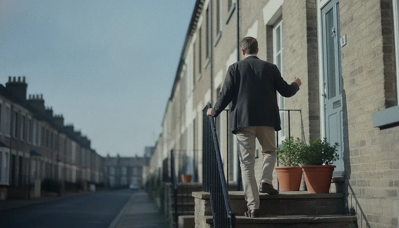 A man standing at the bottom of the front steps of a terraced house in daylight, one foot on the first step, looking up at the door.