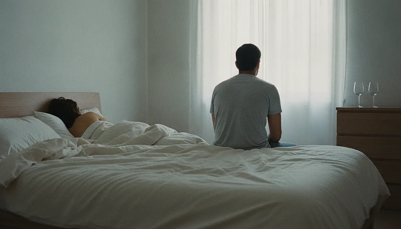A man sitting on the edge of a bed in morning light, already half-dressed and facing the window, while a woman lies turned away under the covers behind him.