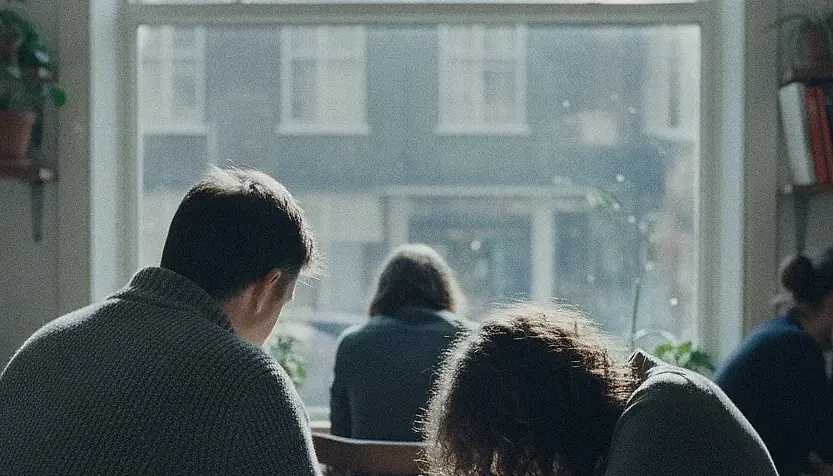 Two people seen from behind at a small café table by a window: one bowed low over a cup, the other sitting square to the table holding his cup in both hands.