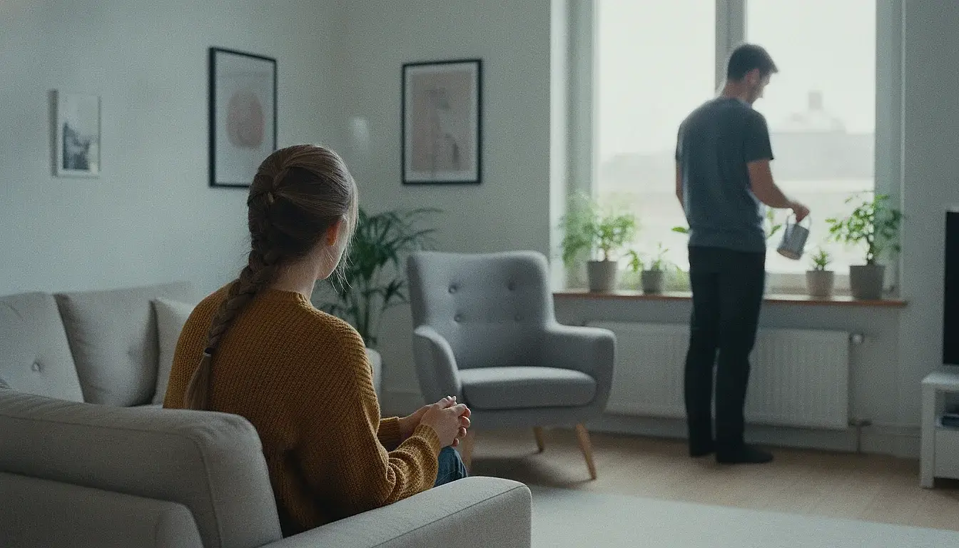 A woman sitting ready on a sofa, hands folded, while a man across the room waters plants on the windowsill with his back turned.