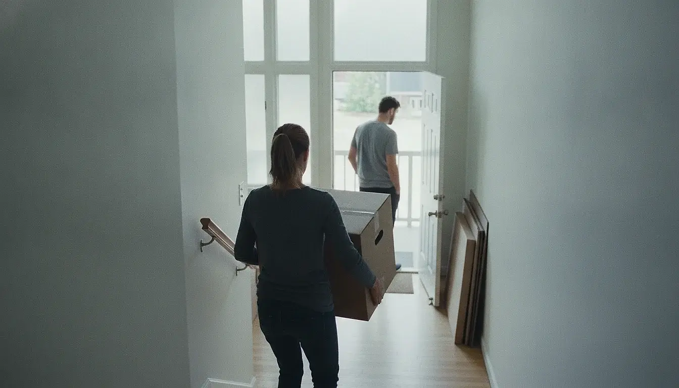 A woman carrying a large cardboard box up a stairwell alone, while a man waits by an open apartment door on the landing above, not asked to help.