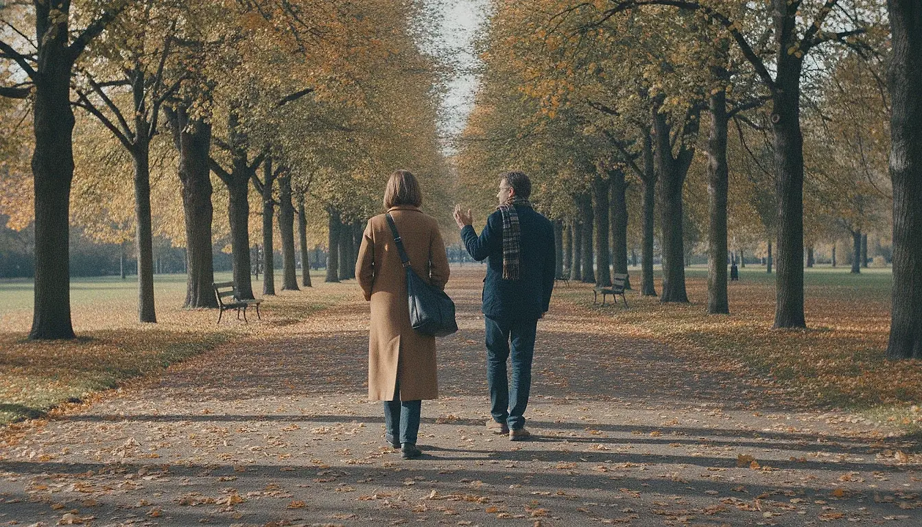 Two people walking a park path in autumn light, one a few steps ahead with hands in pockets, the other pausing behind.