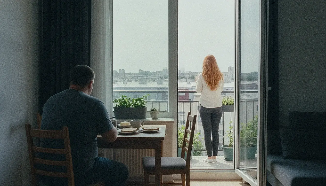 A woman standing alone on a balcony with her coffee, facing the street, while a man sits at the table inside, visible through the glass door.