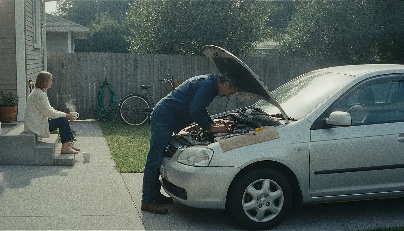 A man bent under the open bonnet of a car in a driveway, tools laid out on a cloth, while a woman sits on the porch steps behind him with two mugs beside her.
