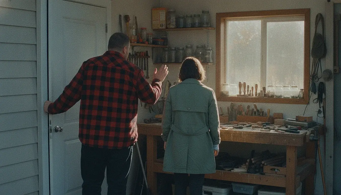 A man holding open the door of his cluttered home workshop, stepping aside as a woman walks in past workbenches and tools.
