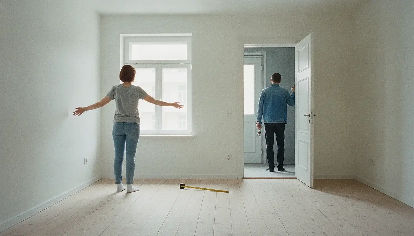 A woman standing at the window of a bare, empty apartment gesturing at the space, while a man lingers at the open front door behind her.