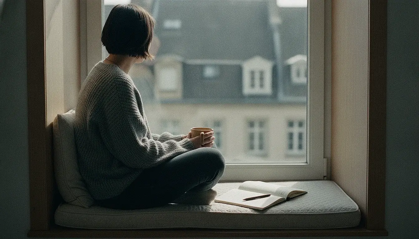 An open notebook with unreadable handwriting on a window seat, a pen resting on the page, and a woman seated cross-legged beside it looking out at the morning.