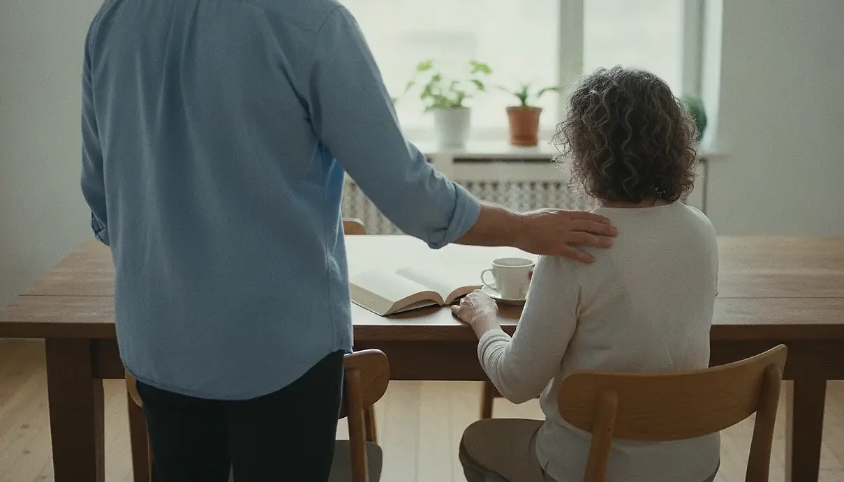 A man standing at a table with his hand resting on the shoulder of a woman seated reading, an open book and a cup in front of her; he is seen from behind and framed from the shoulders down, she from behind over her chair.
