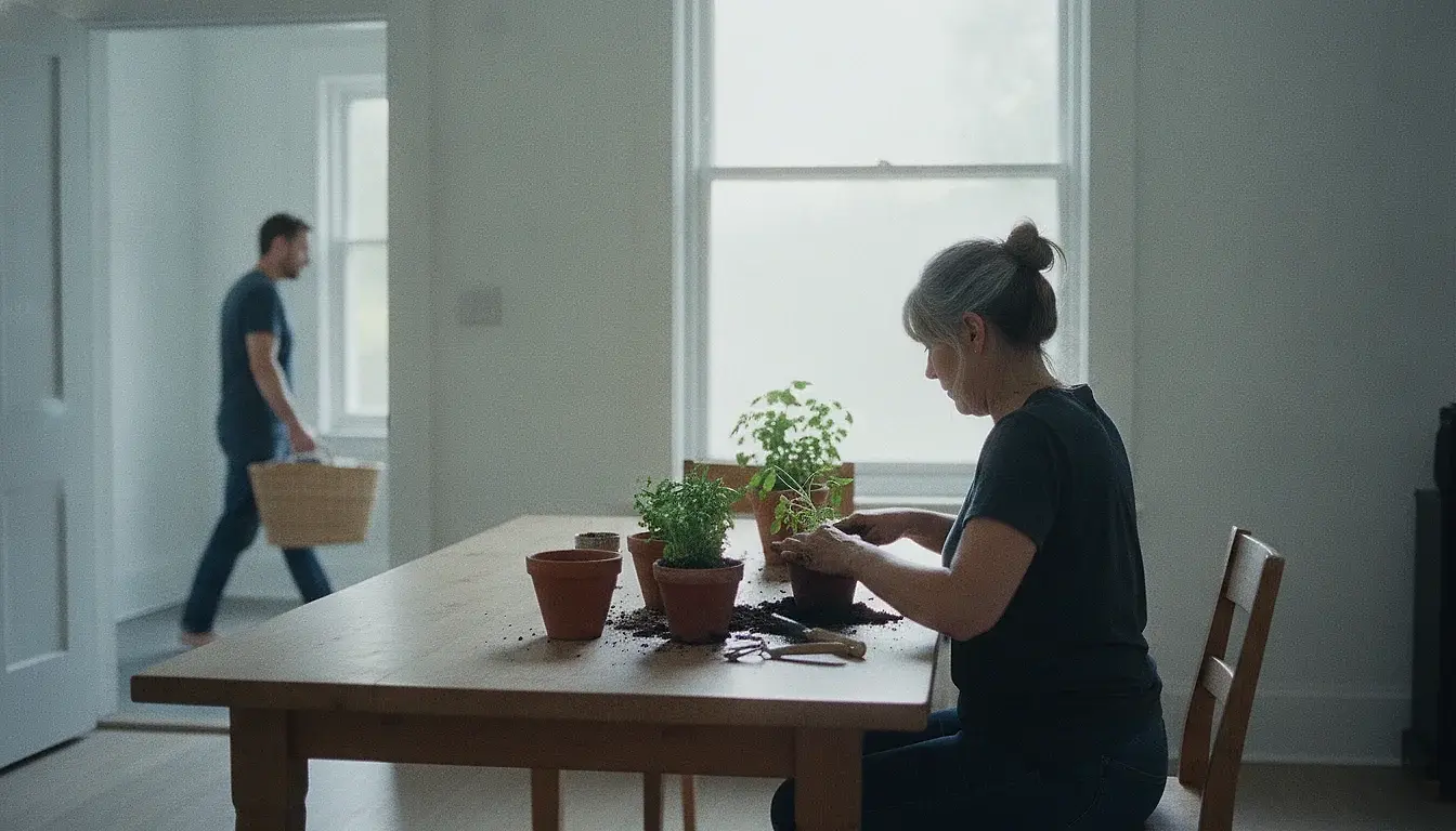 A woman absorbed in potting plants at a table by a bright window, soil on her hands, while a man passes out of focus in the next room.