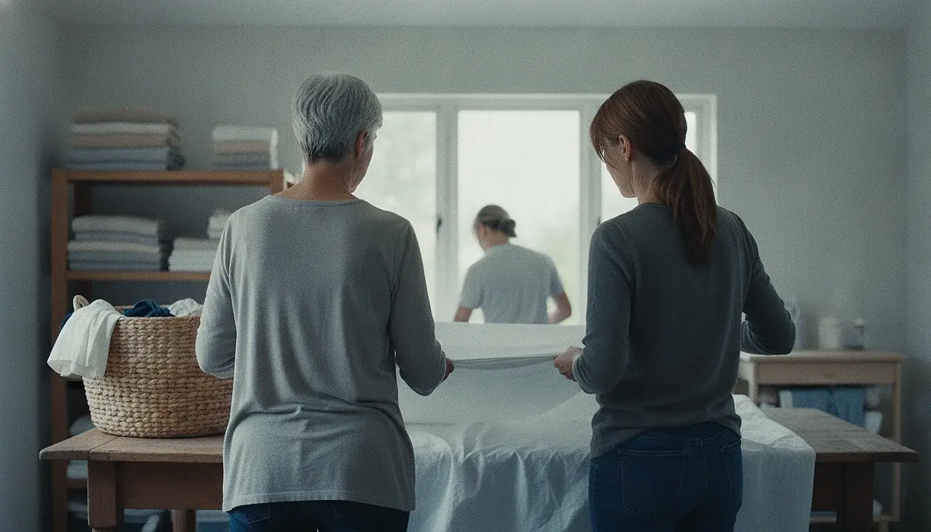 Two women folding a bedsheet together at a table by a window, mid-conversation, their hands meeting at the fold.