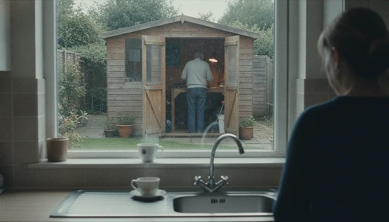 A view across a small garden: a man at a workbench in a lit shed with his back turned, seen from the kitchen window where a second cup of tea sits on the sill.